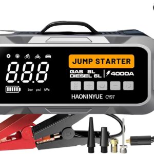 4000A Car Jump Starter with Air Compressor, Portable 12V Battery Pack, LED Light, Jumper Cables