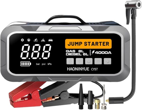 4000A Car Jump Starter with Air Compressor, Portable 12V Battery Pack, LED Light, Jumper Cables