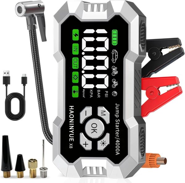 Car Jump Starter with Air Compressor, 4000A Battery, 150PSI Tire Inflator, 12V Jump Box, LED Light